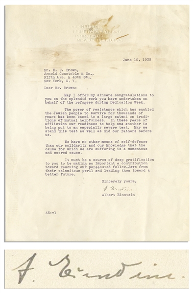 Albert Einstein Letter Signed During WWII -- The power of resistance which has enabled the Jewish people to survive...our readiness to help one another is being put to an especially severe test